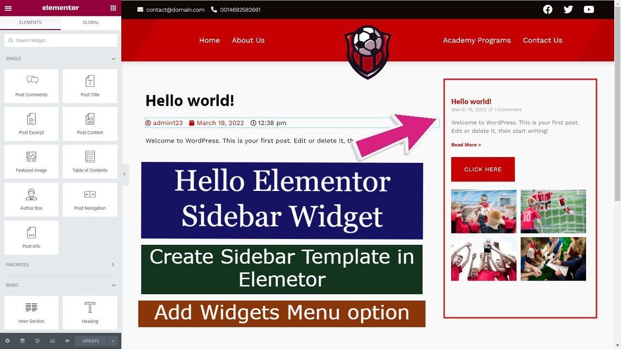 how to add sidebar in Hello elementor theme